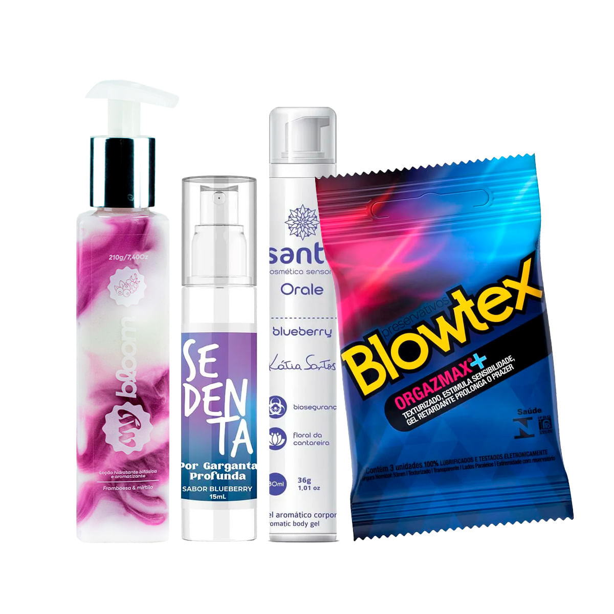 Kit com MyBloom Hidratante Corporal Sedenta por Garganta Profunda Gel Lubrificante e Preservativo
