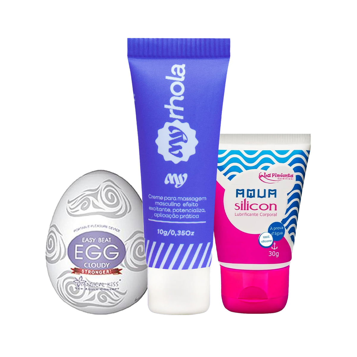 Kit com MyRhola Gel Excitante Masculino Aqua Silicon Lubrificante Corporal e Egg Masturbador
