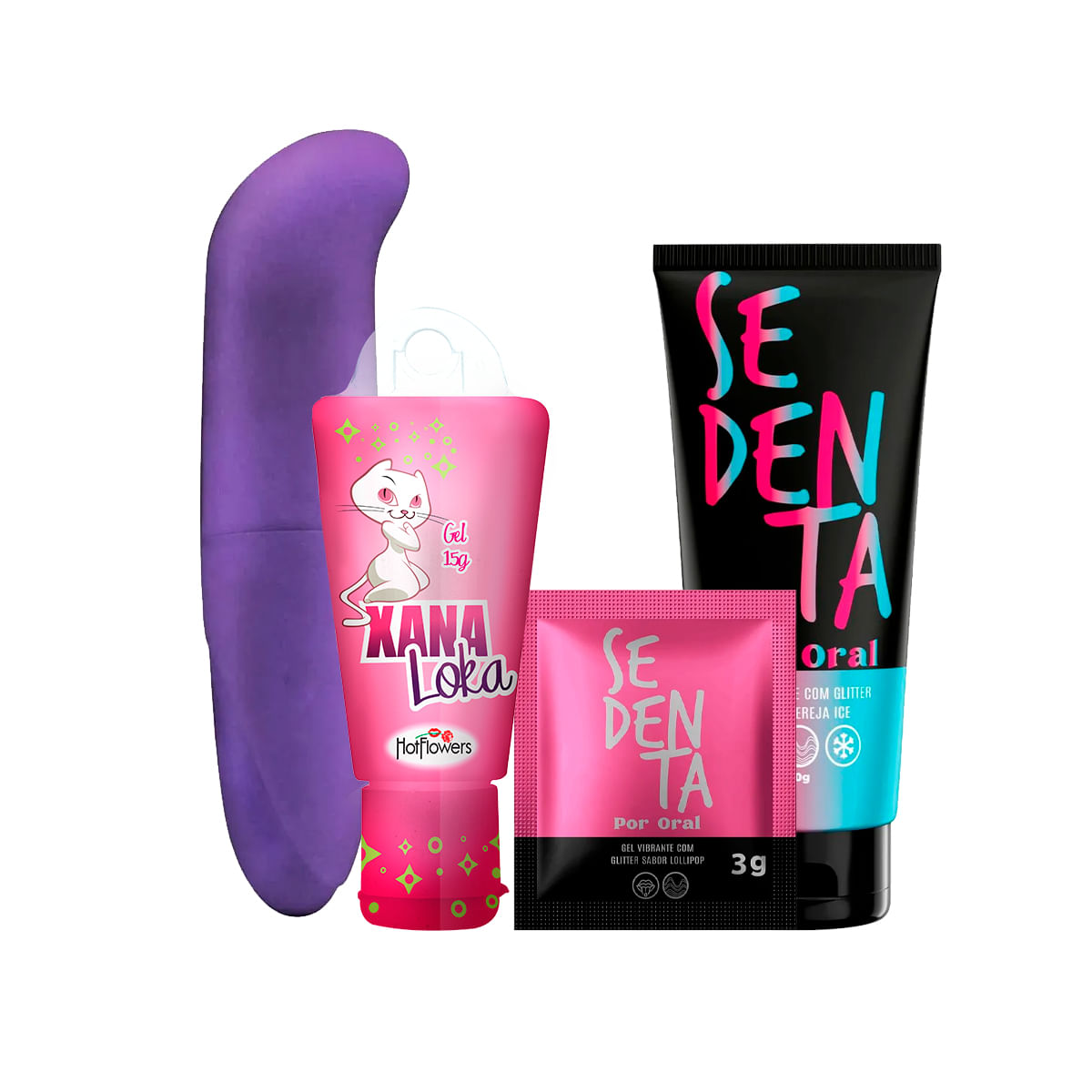 Kit com Vibrador ponto G Xana Loka Excitante Feminino Sachê Sedenta Por Oral e Sedenta Por Oral 50g