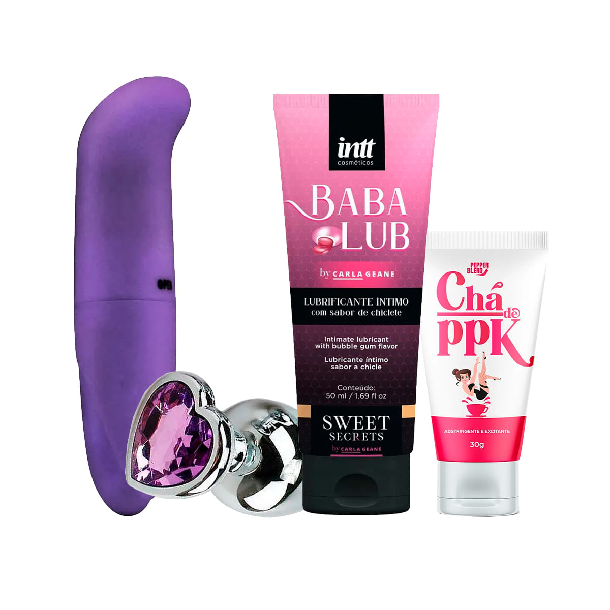 Kit com Vibrador ponto G Plug Anal Tamanho P Babalub Lubrificante Beijável e Chá de PPK