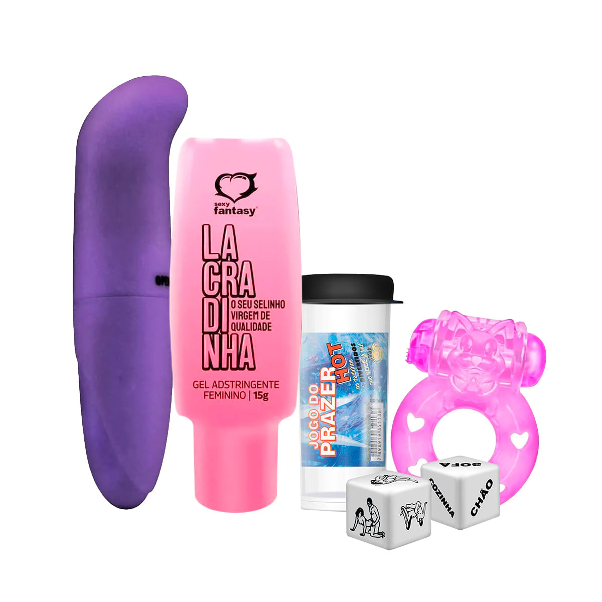 Kit com Vibrador ponto G Dados Eróticos Jogo do Prazer Lacradinha Gel Adstringente e Anel Peniano