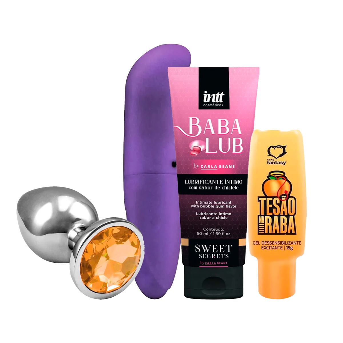 Kit com Vibrador Ponto G Plug M Dourado Tesão na Raba e Babablub