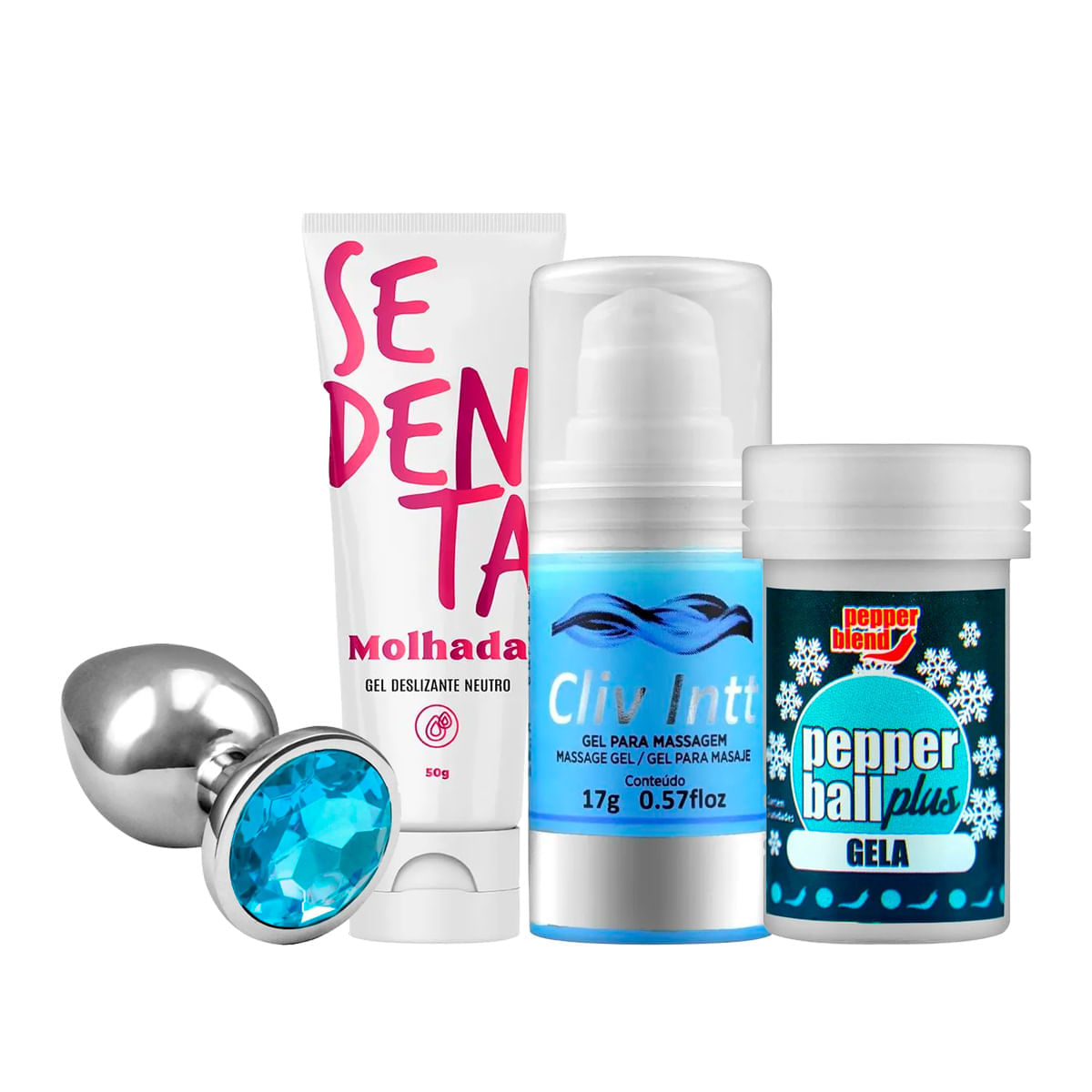 Kit com Sedenta Molhada Cliv Intt Plug Anal Médio Azul claro e Pepper Ball sfria