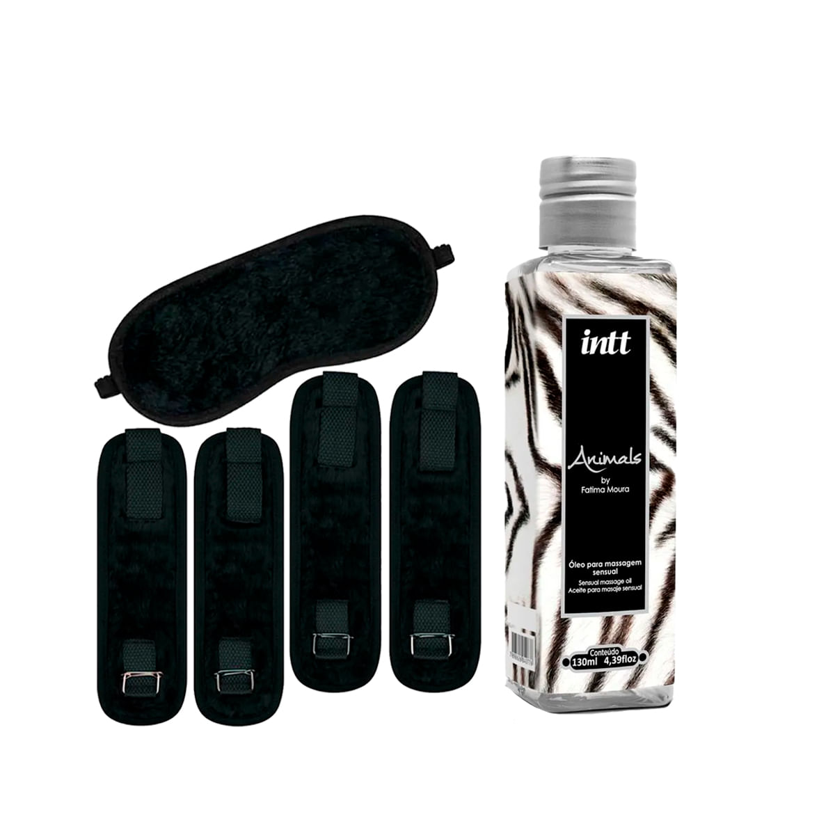 Duplinha com Kit Bondage com Algema Tornozeleira e Venda  e Óleo para Massagem Animals