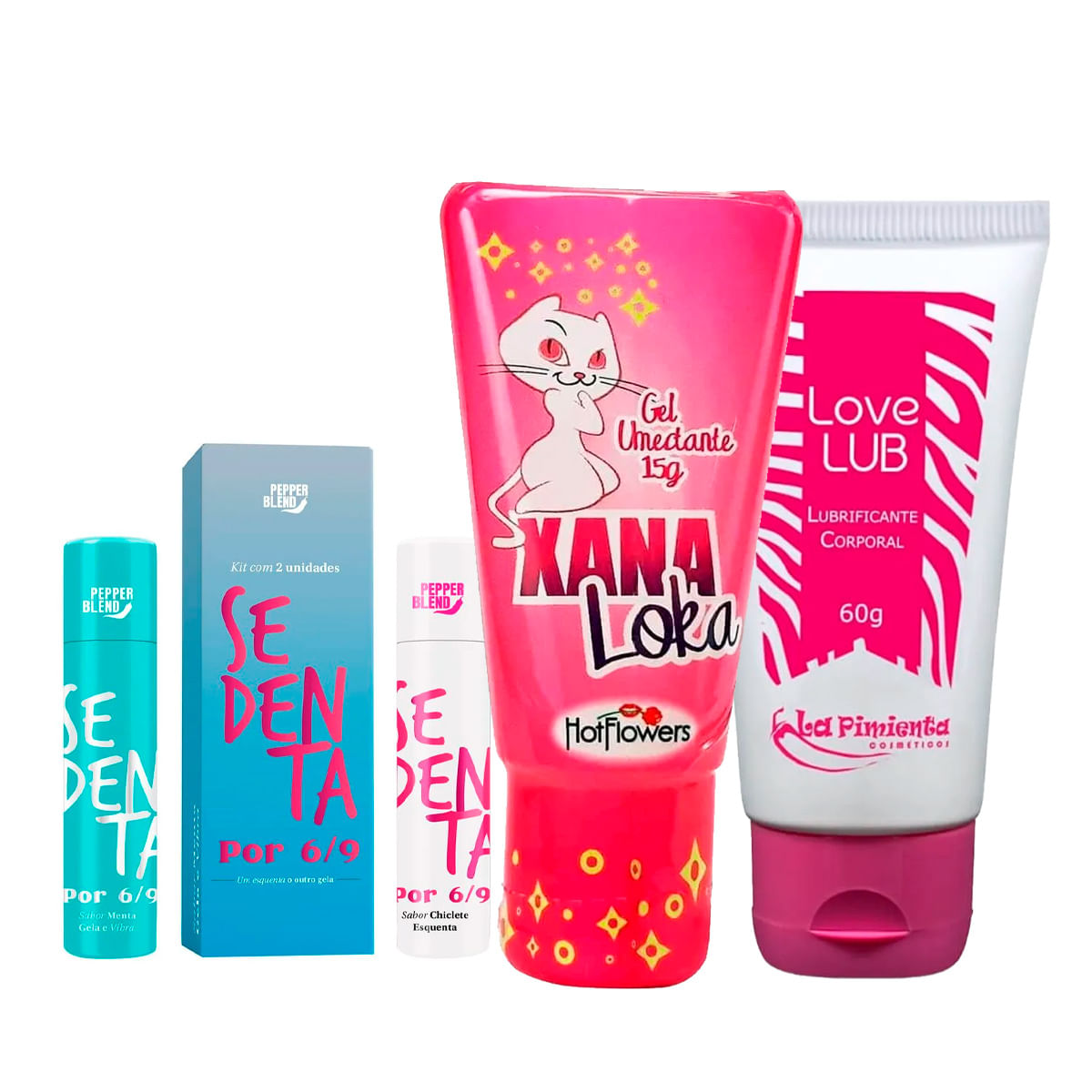 Kit com Bala Líquida Sedenta Por 69 Excitante Xana Loka e Lubrificante Love Lub Neutro