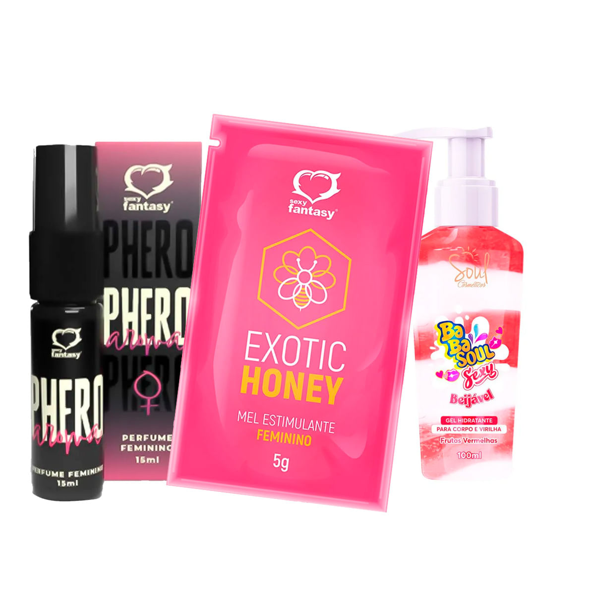 Kit com Perfume Phero Feminino Estimulante Exotic Honey e Gel Beijável Babasoul Sexy