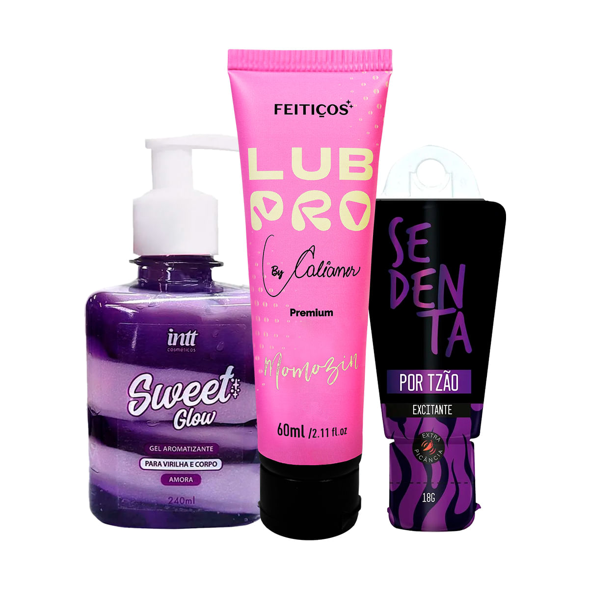 Kit com LubPro Momozin Lubrificante Sweet Glow Amora Gel Hidratante Beijável e Sedenta por Tesão