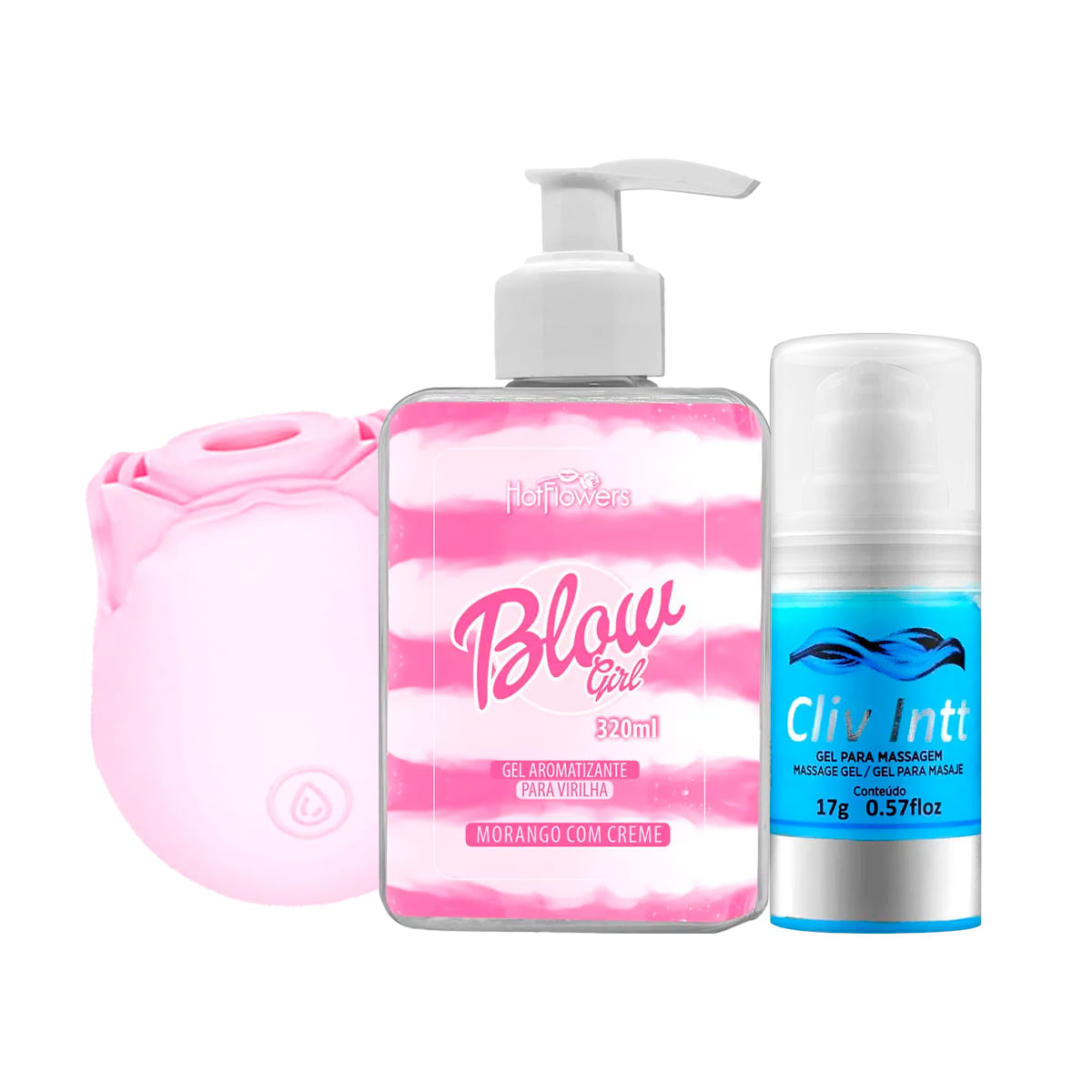 Kit com Cliv Intt Dessensibilizante Anal Estimulador em Formato de Rosa e Blow Girl Gel Aromatizante