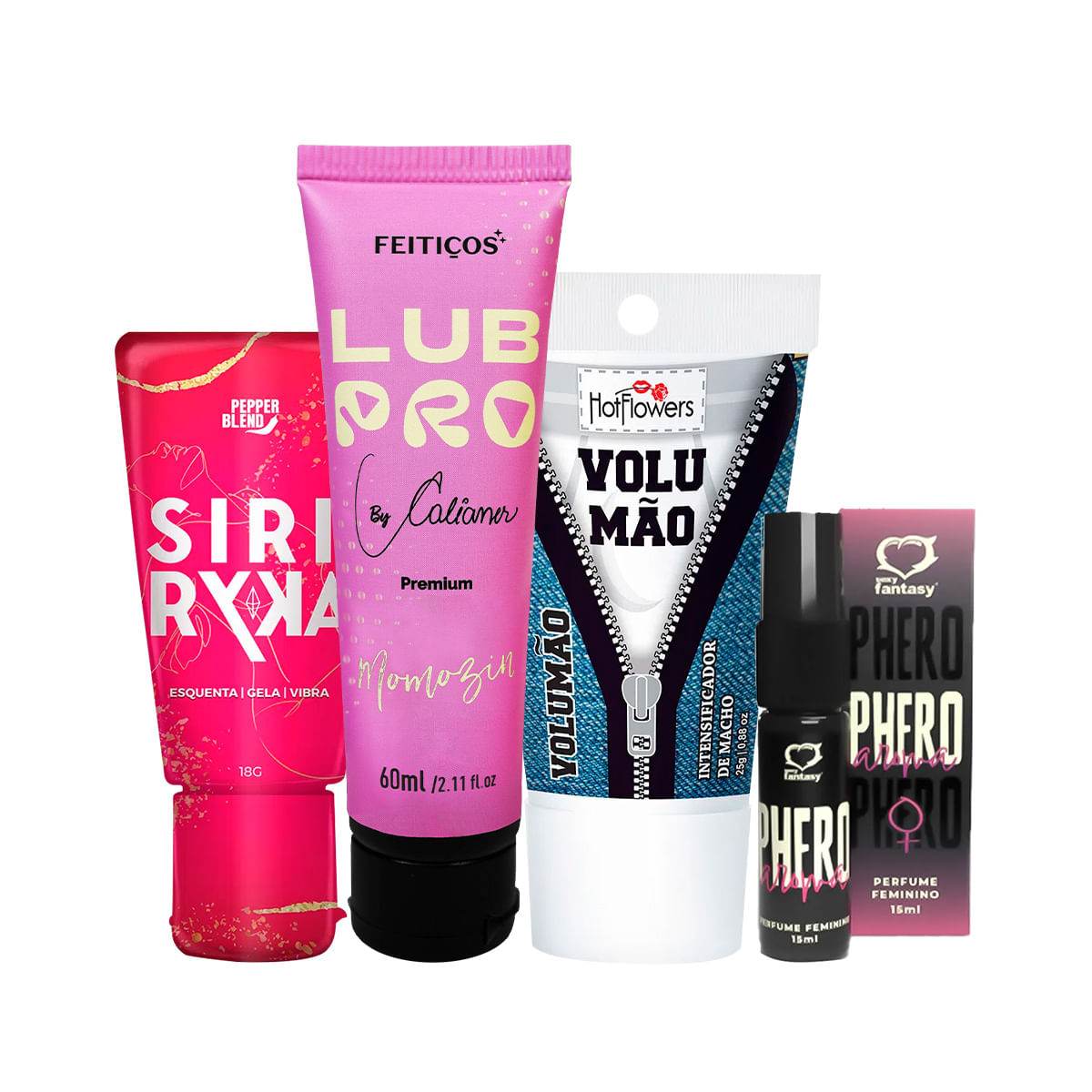 Kit com LubPro Momozin Volumão Gel Excitante Masculino Perfume Phero Feminino e Siri Ryka
