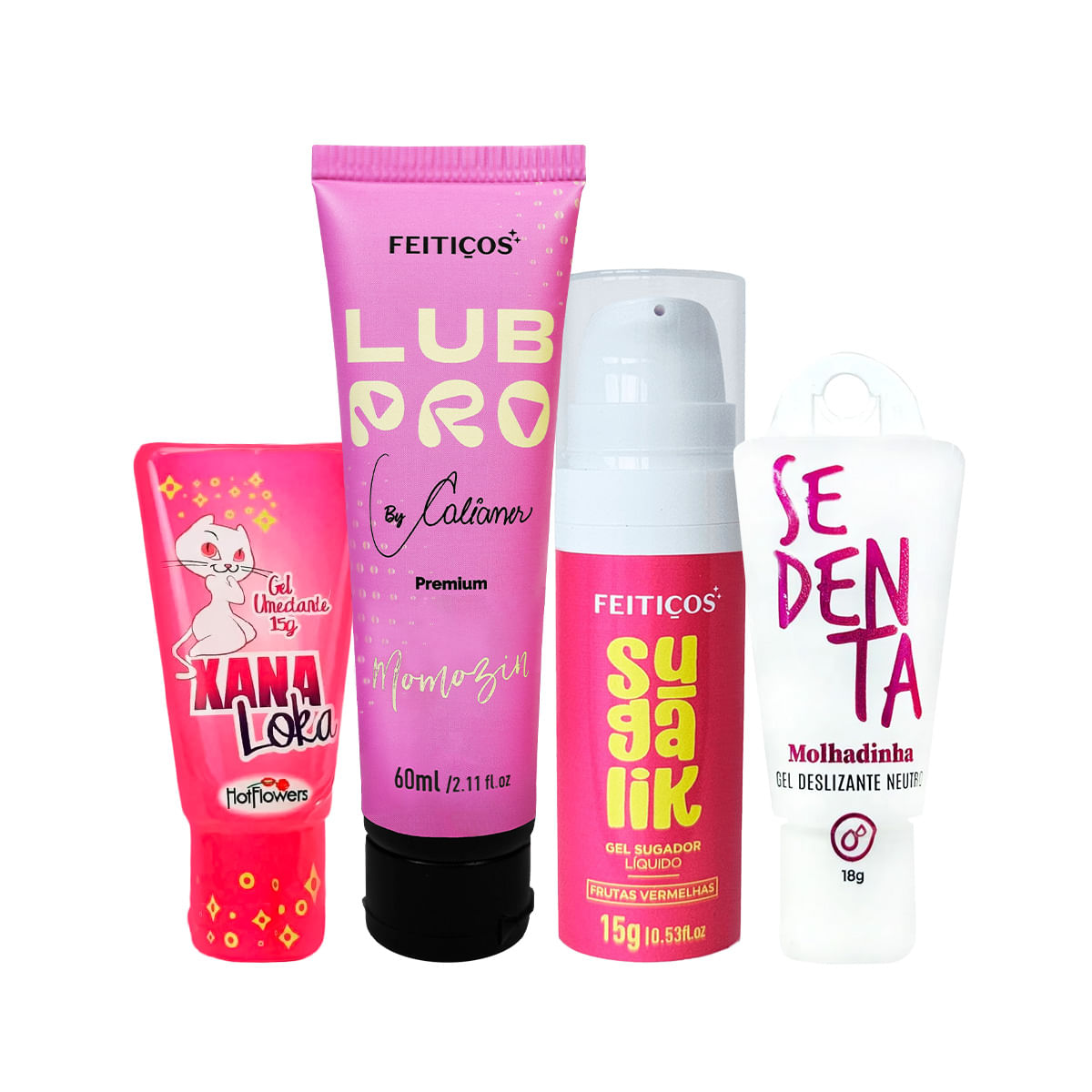 Kit com LubPro Momozin Sugalik Sugador Líquido Xana Loka Gel Excitante e Sedenta Molhadinha