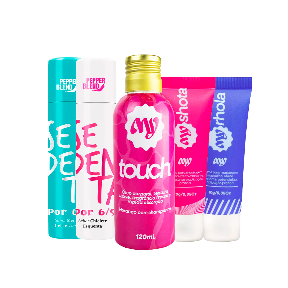 Kit com MyTouch Óleo Corporal Bifásico Sedenta Por 69 MyRhola e MyShota Cremes Exitantes