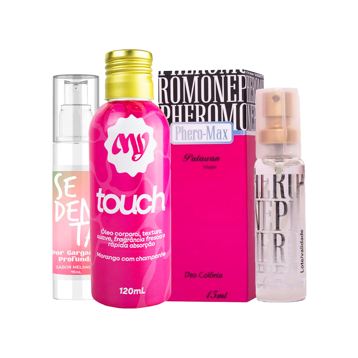 Kit com MyTouch Óleo Corporal Bifásico Phero Max Palawan e Sedenta por Garganta Profunda