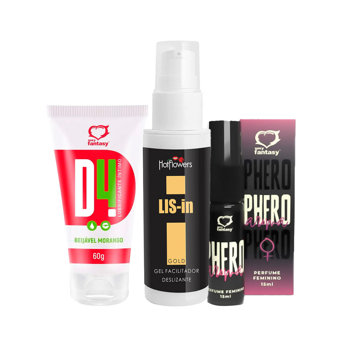 Kit com LIS-In Gel Dessensibilizante Anal Perfume Phero Aroma Feminino e D4 Lubrificante Íntimo