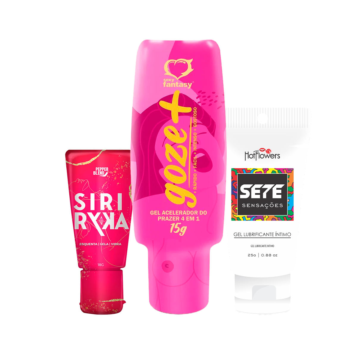 Kit com Goze + Gel Acelerador do Prazer Sete Sensações Lubrificante Íntimo Anal  e Gel Siri Ryka