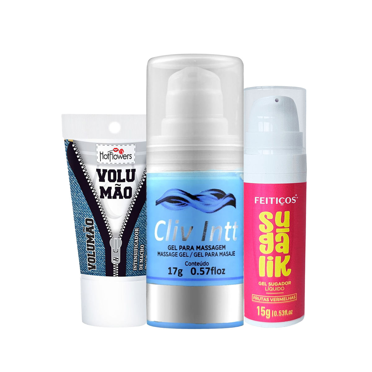 Kit com Cliv Intt Dessensibilizante Anal Sugalik Sugador Líquido e Volumão Gel Excitante Masculino