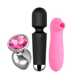 Kit com Mini Toy Vibrador Varinha Mágica Woman Suction Estimulador de Clitóris e Plug Anal de Aço