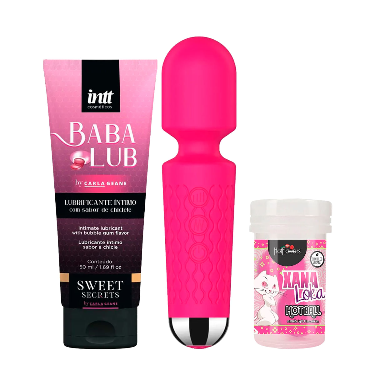 Kit com Mini Toy Vibrador Varinha Mágica Babalub Lubrificante Beijável e Hot Ball Xana Loka