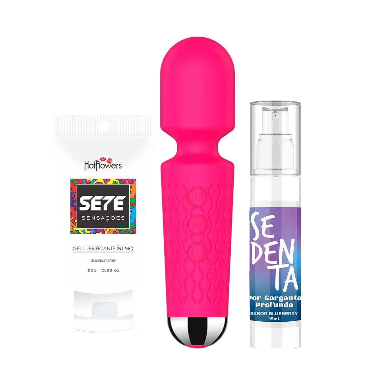 Kit com Mini Toy Vibrador Varinha Mágica Sedenta por Garganta Profunda e Sete Sensações