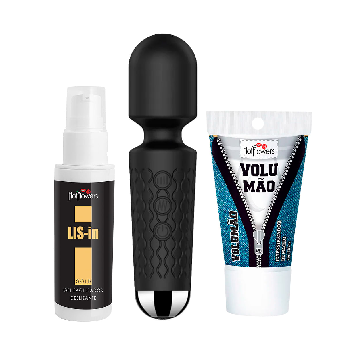 Kit com Mini Toy Vibrador Varinha Mágica LIS-In Gel Dessensibilizante Anal e Volumão Gel Excitante M