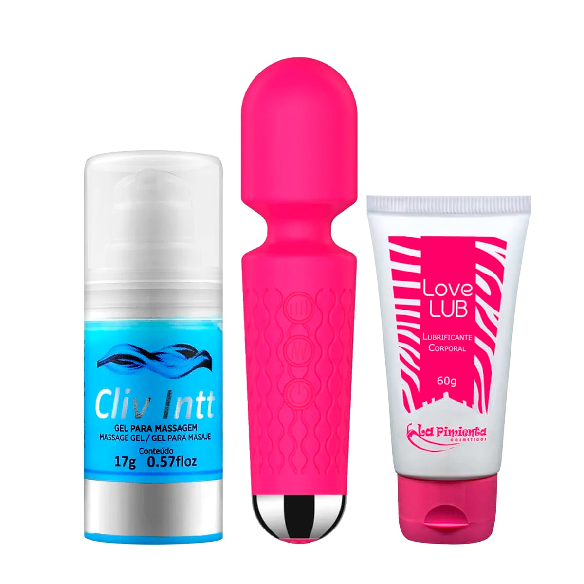 Kit com Mini Toy Vibrador Varinha Mágica Cliv Intt Dessensibilizante e Love Lub Lubrificante Neutro