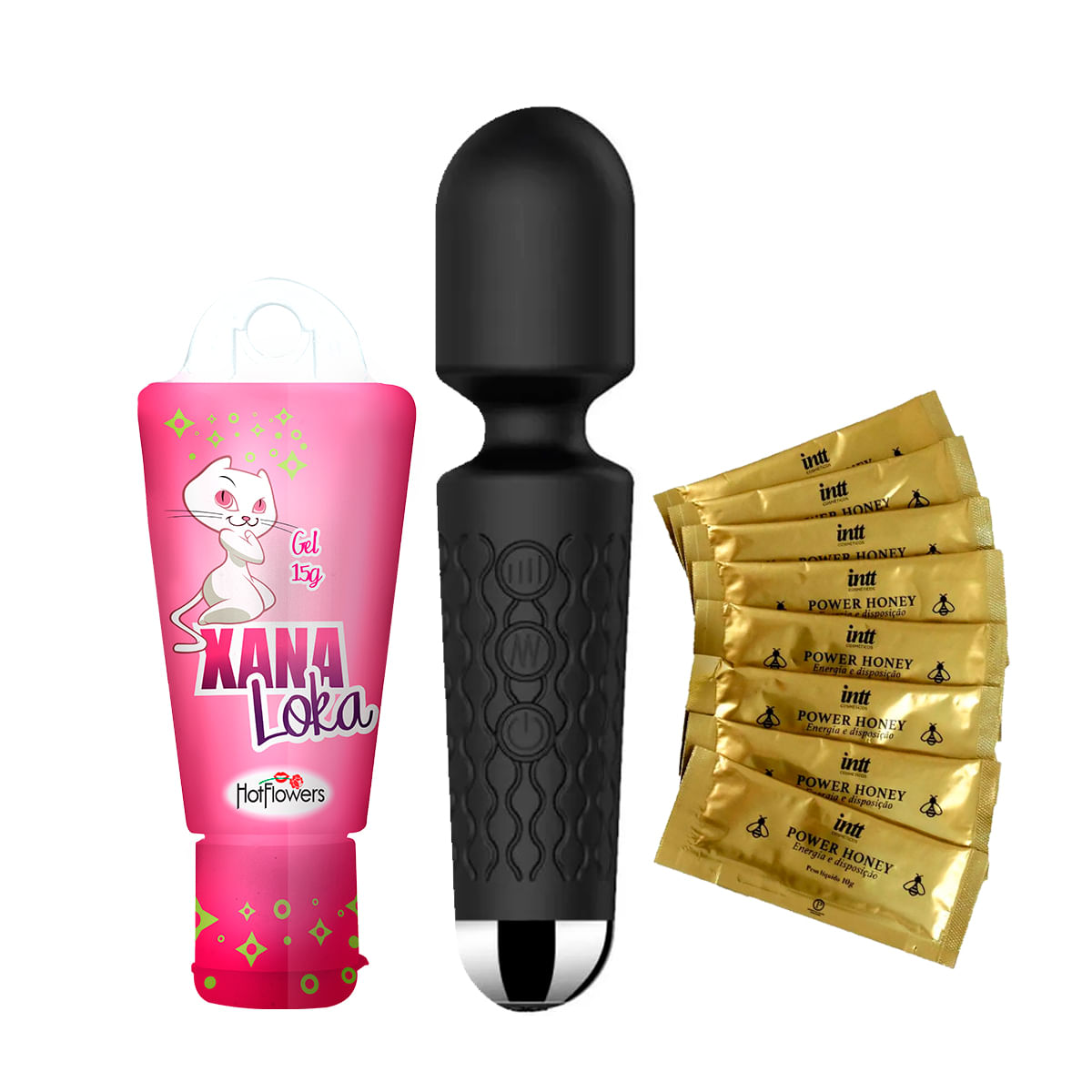 Kit com Mini Toy Vibrador Varinha Mágica Power Honey Suplemento Alimentar e Xana Loka Gel Excitante