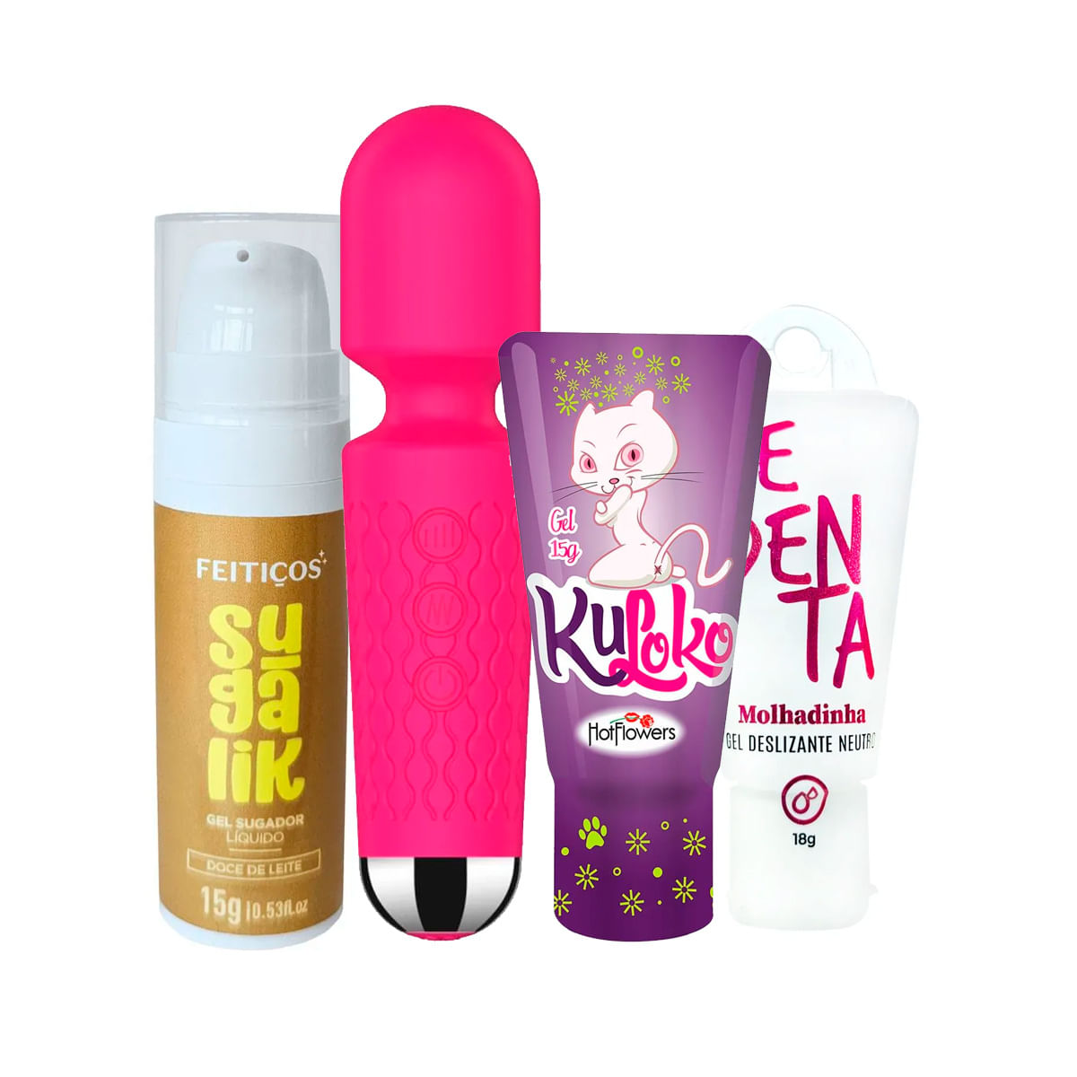 Kit com Mini Toy Vibrador Varinha Mágica Sugalik Sugador Líquido Kuloko e Sedenta Molhadinha