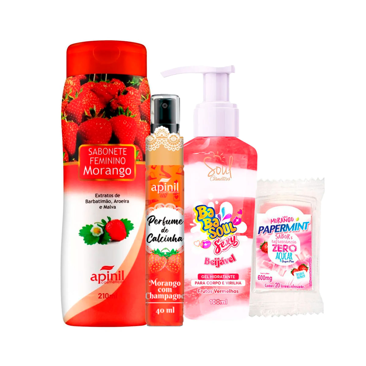 Kit com  Sabonete Íntimo Aroma de Morango Perfume de Calcinha Babasoul Sexy e Papermint