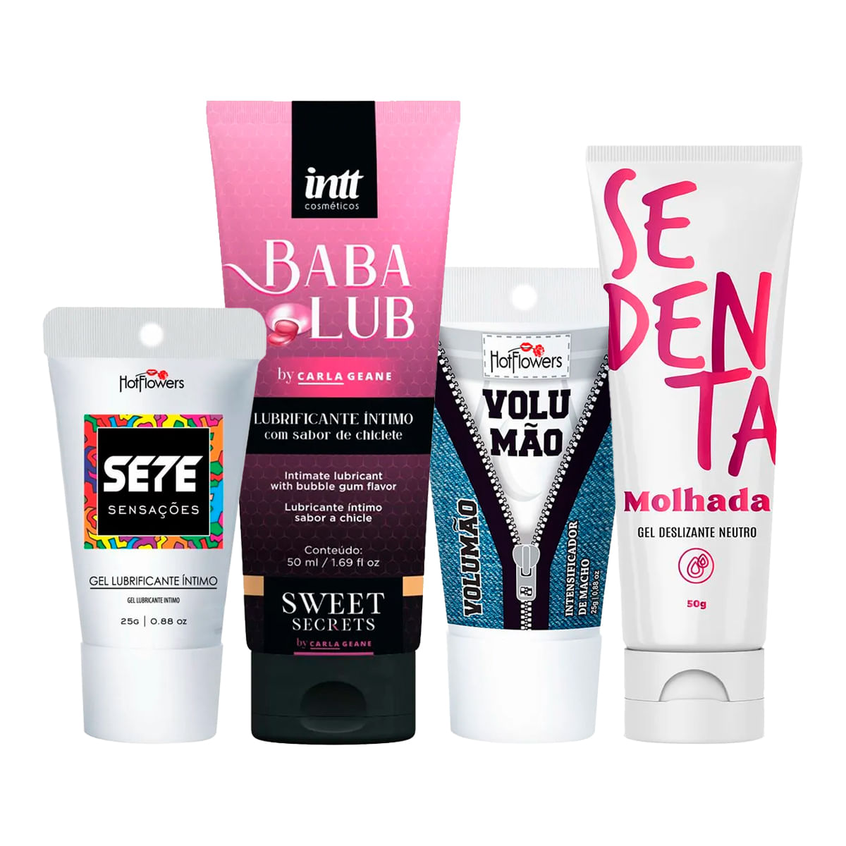 Kit com Babalub Lubrificante Beijável Sete Sensações Volumão e Sedenta Molhada