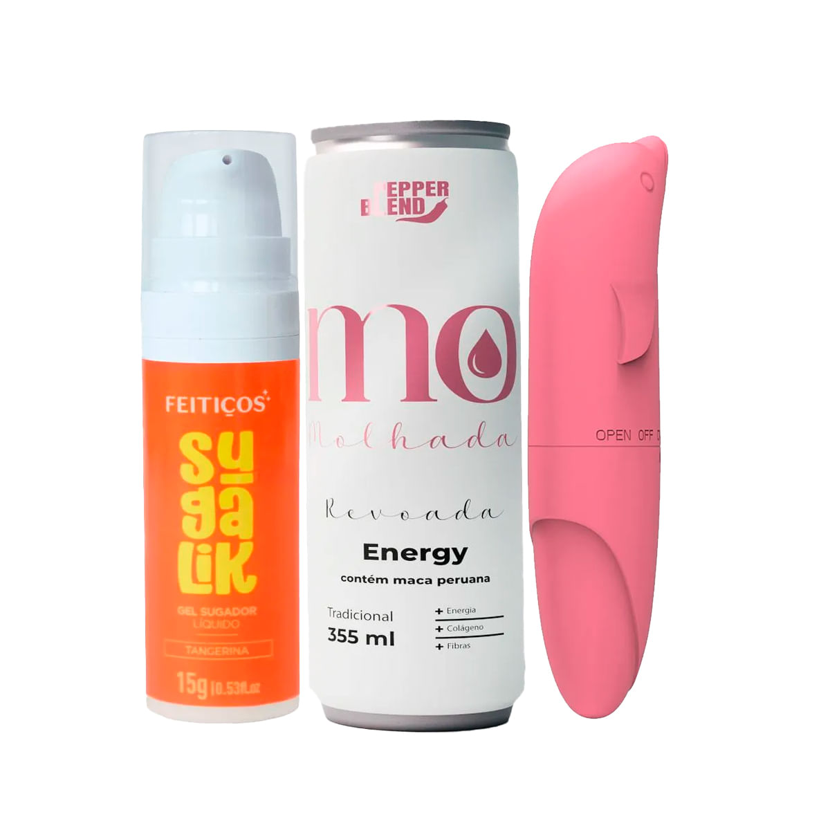 Kit com Energético Estimulante Revoada Sugalik Sugador Líquido Comestível e Vibrador Ponto G