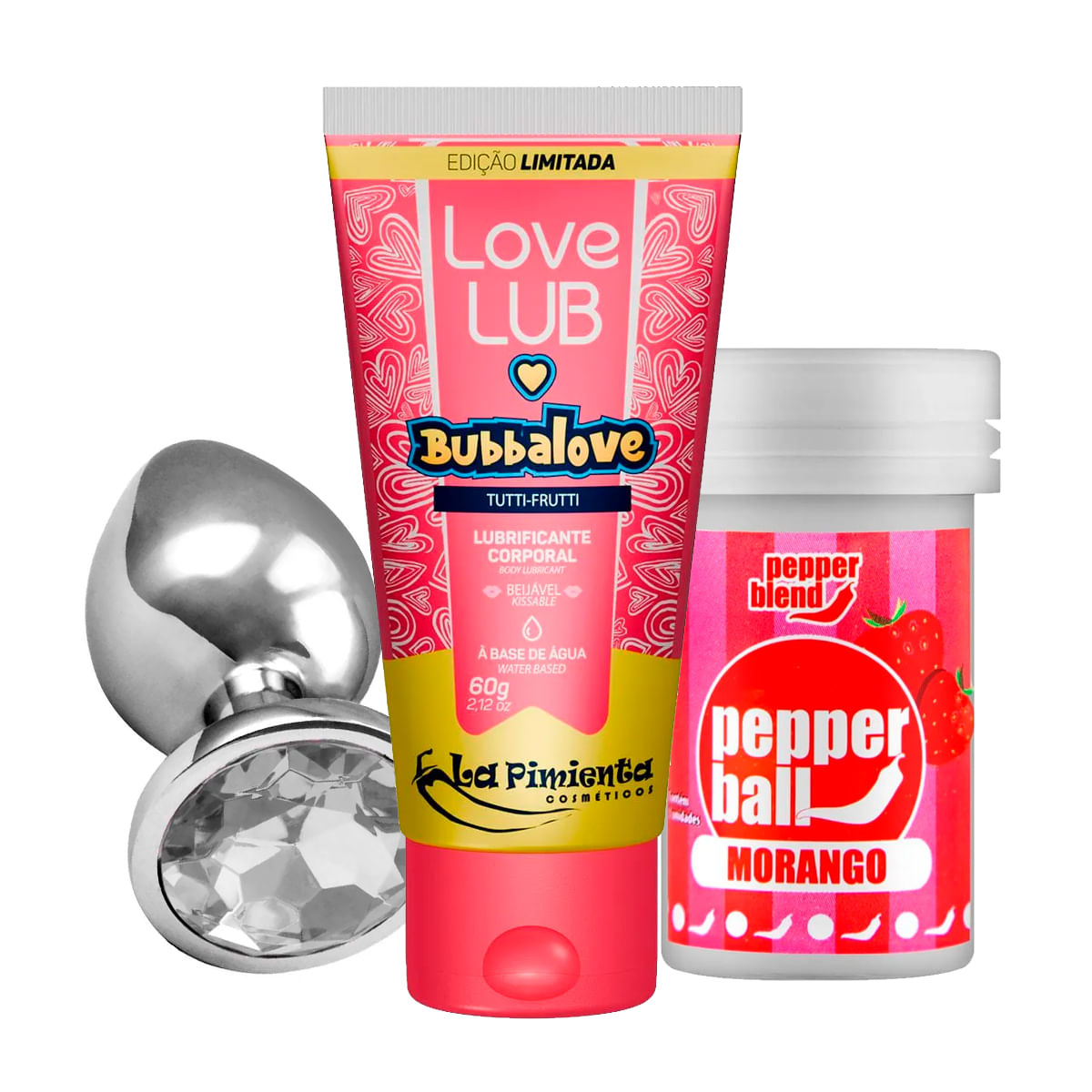 Kit com Love Lub Bubbalove Lubrificante Plug Anal Tamanho P e Pepper Ball Bolinha Explosiva