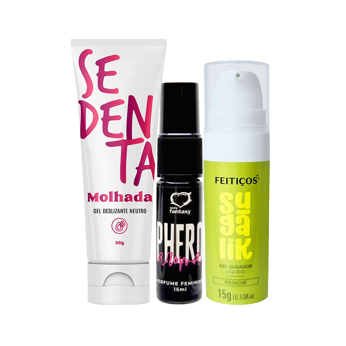Kit com Perfume Phero Aroma Feminino Sugalik Sugador Líquido e Sedenta Molhada Gel Deslizante Neutro