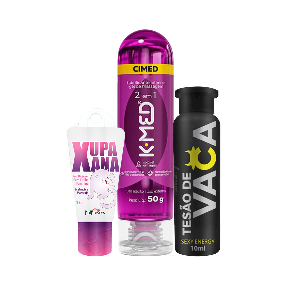Kit com Tesão de Vaca Afrodisíaco Natural Lubrificante Íntimo K-Med e Xupa Xana Gel Beijável Para Vi