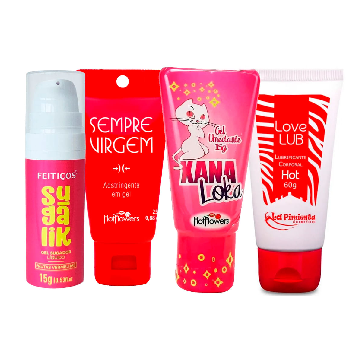 Kit com Gel Adstringente Sempre Virgem Sugalik Sugador Líquido Xana Loka Gel Excitante e Love Lub Ho