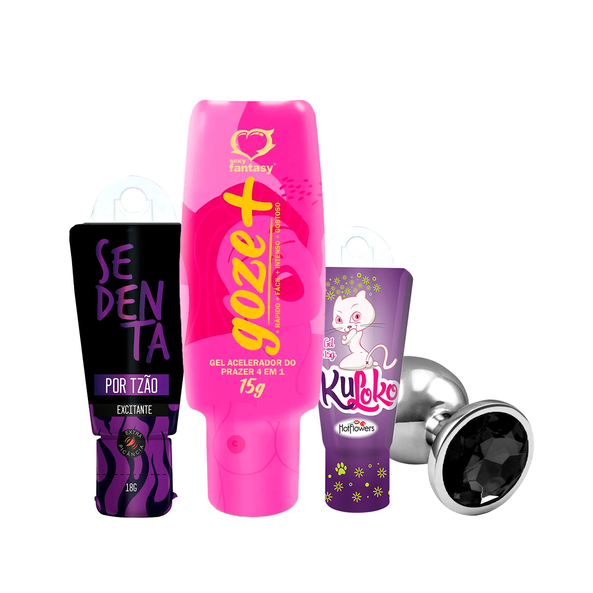 Kit com Sedenta por Tesão Plug Anal Tamanho P  Excitante Goze + e Kuloko Gel Dessensibilizante