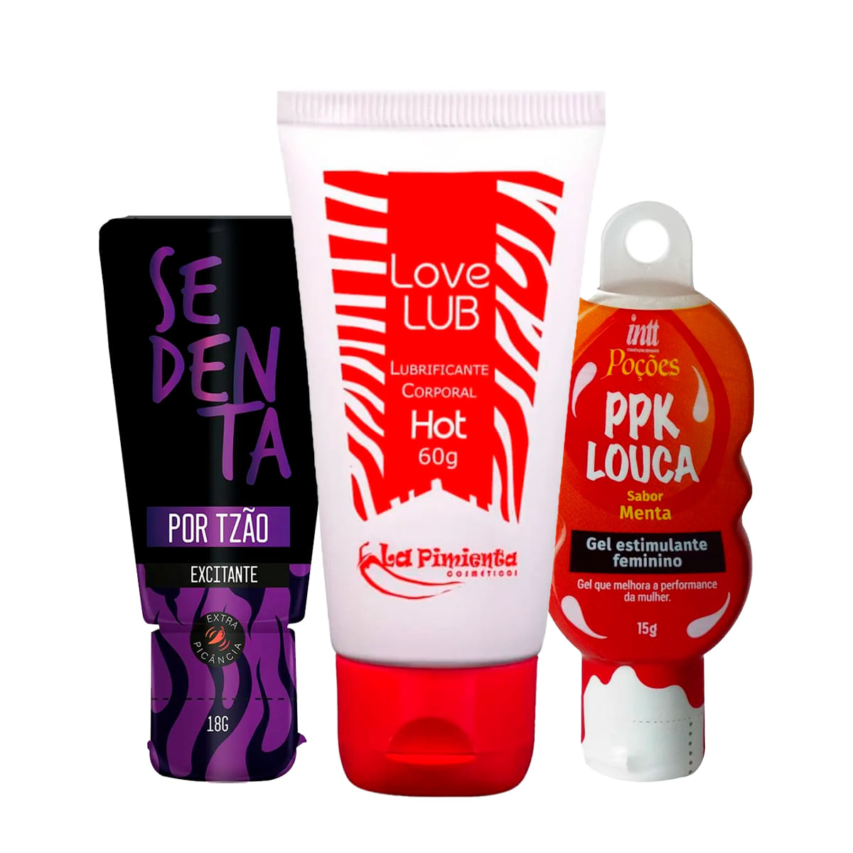 Kit com PPK Louca Gel Estimulante Feminino Sedenta por Tesão e Love Lub Hot Lubrificante Corporal