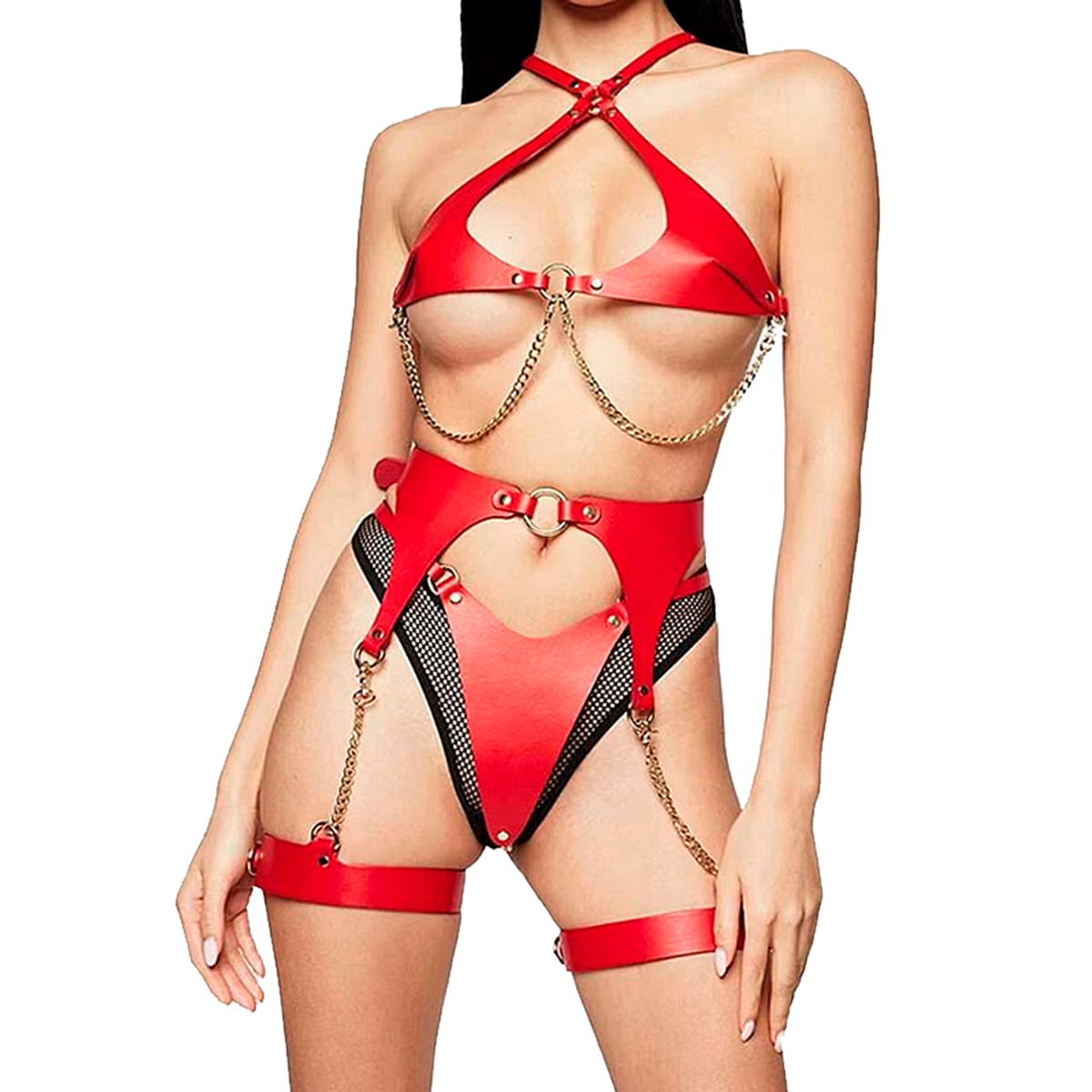 Conjunto Harness com Top Calcinha e Cinta Liga em Couro Sexy Import