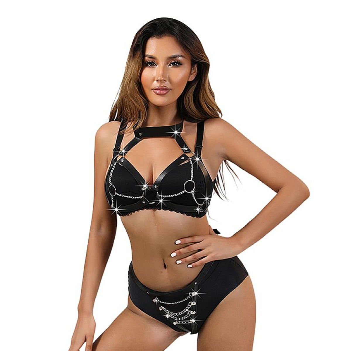 Conjunto Harness com Top e Calcinha em Couro e Correntes Sexy Import Conjunto Harness com Top e Calcinha em Couro e Correntes Sexy Import