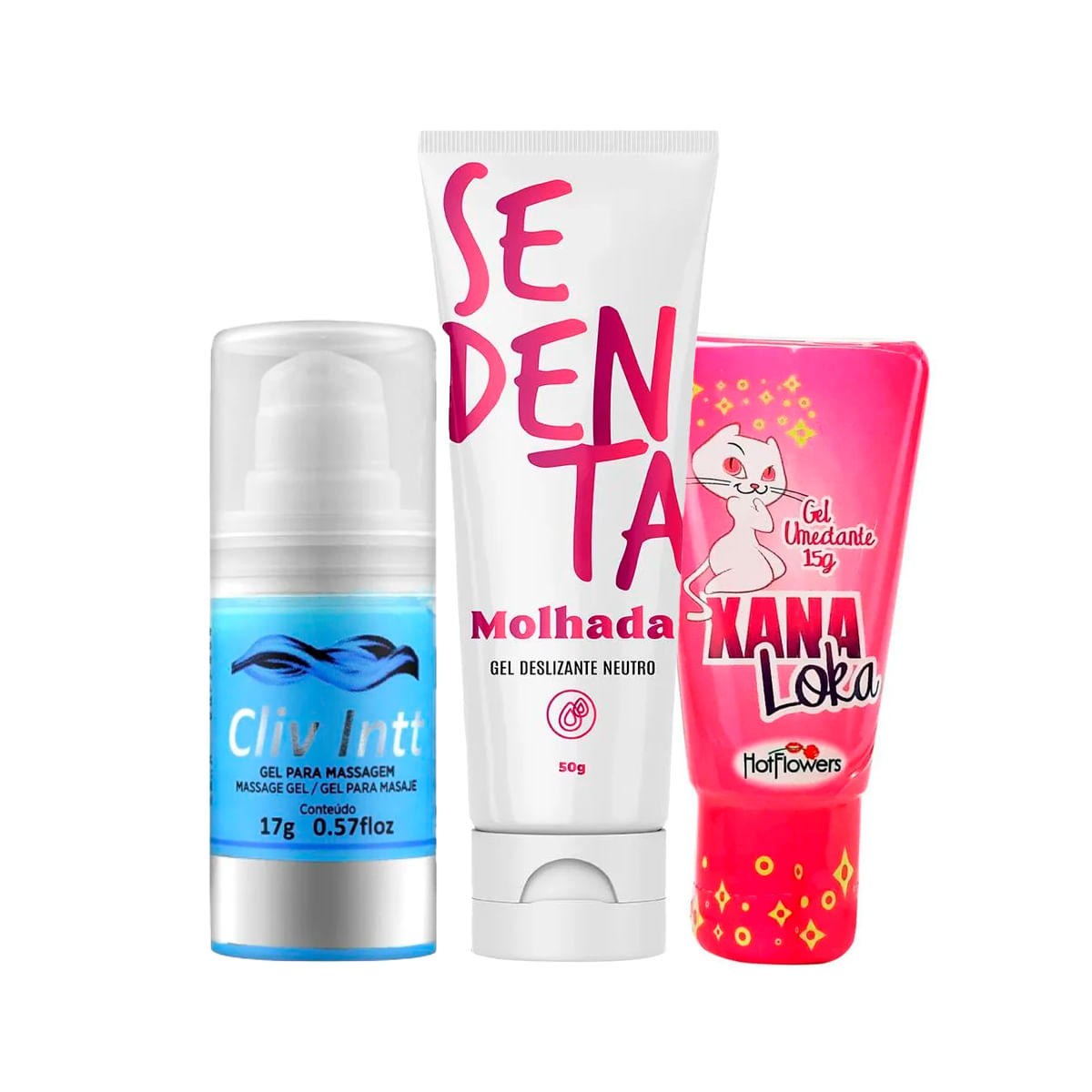 Kit com Sedenta Molhada Gel Deslizante Cliv Intt Dessensibilizante Anal e Xana Loka Gel Excitante