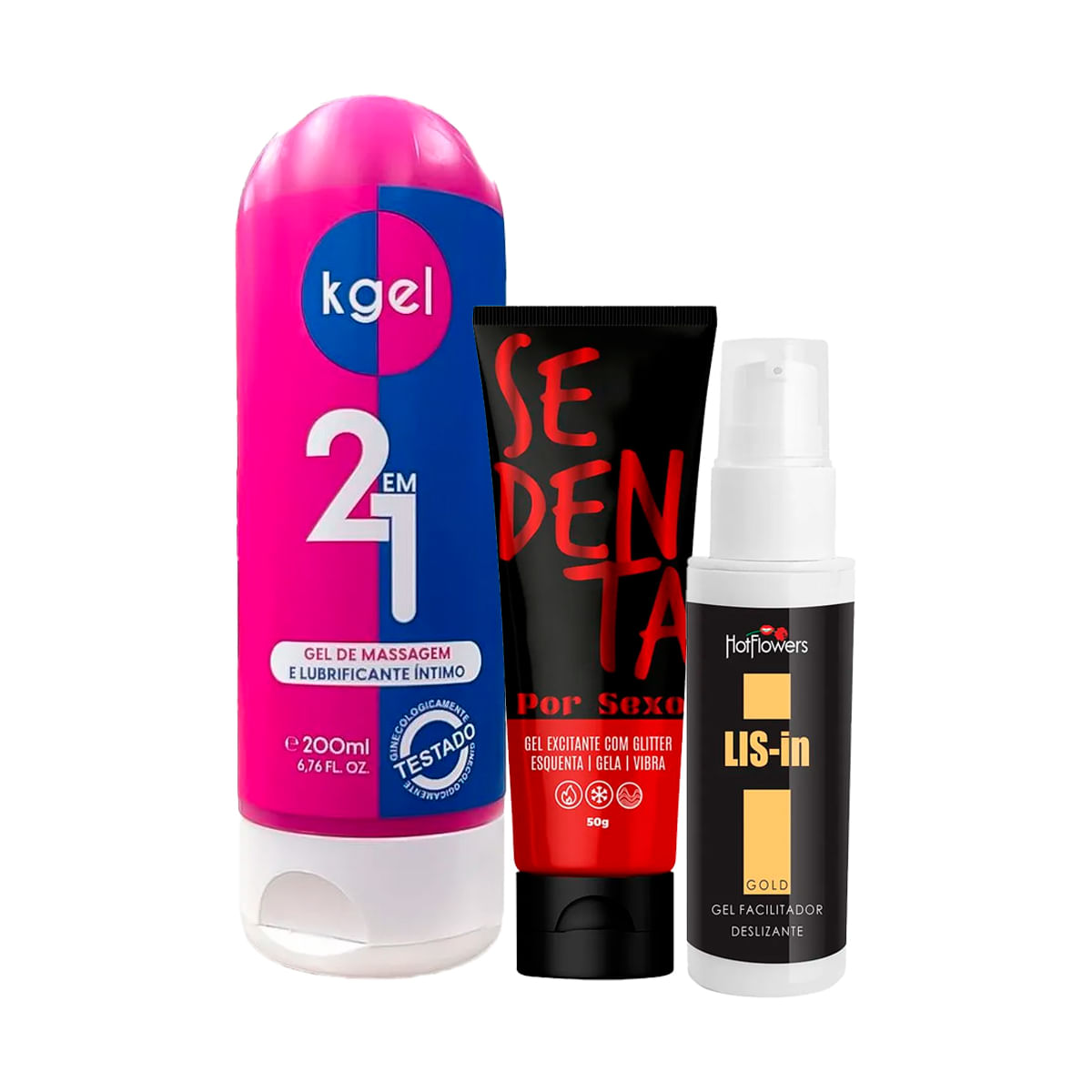 Kit com KGEL Gel de Massagem e Lubrificante Íntimo Sedenta Por Sexo e LIS-In Gel Dessensibilizante