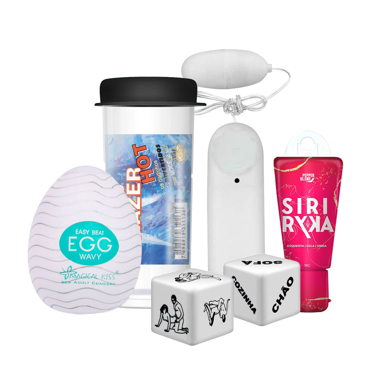 Kit com Siri Ryka Gel Comestível Egg Wavy Masturbador Masculino Bullet Vibro Ó e Dados Eróticos