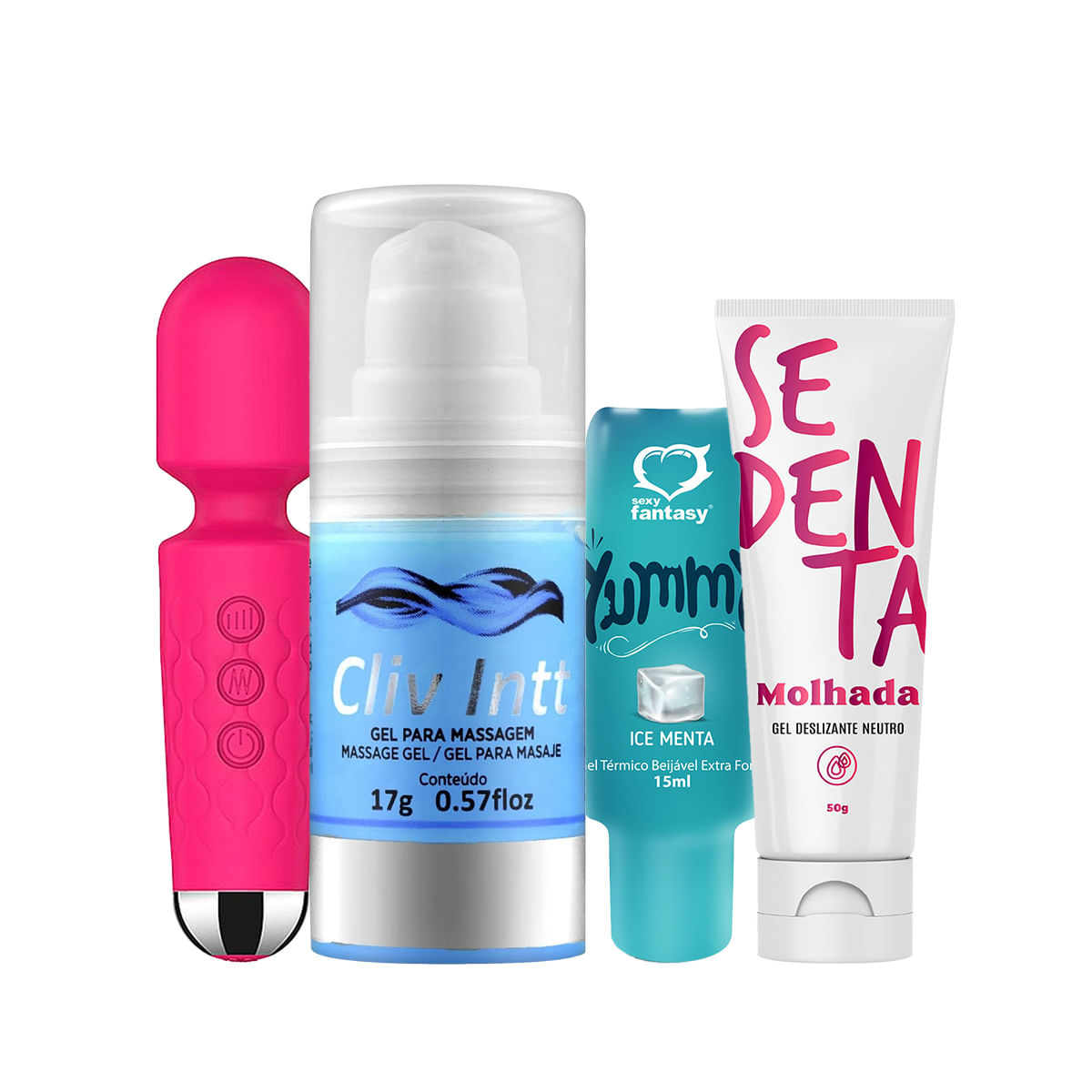 Kit com Mini Varinha Mágica Sedenta Molhada Cliv Intt Dessensibilizante Anal e Yummy