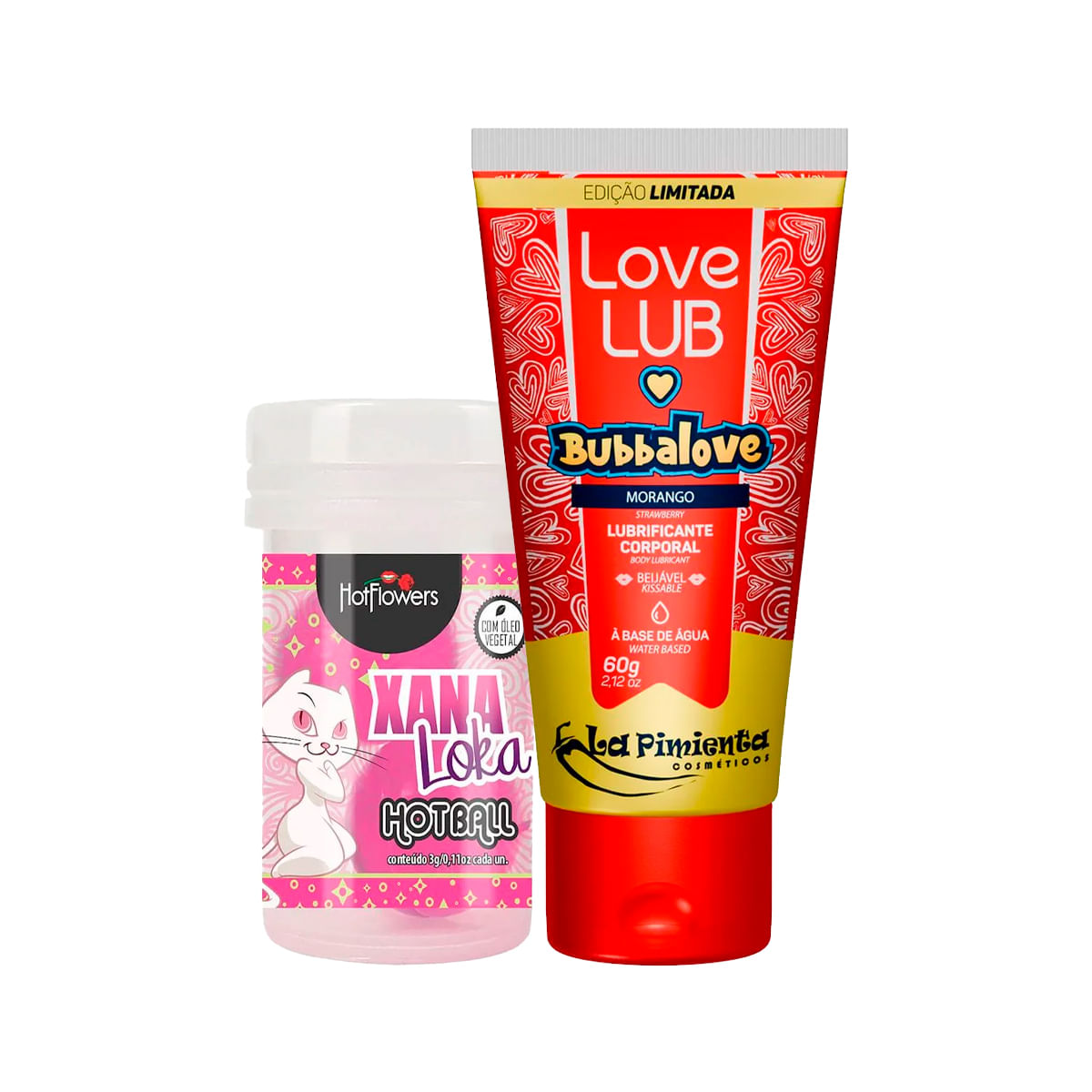 Duplinha com Hot Ball Xana Loka Esquenta Esfria e Vibra e Love Lub Bubbalove Lubrificante Corporal