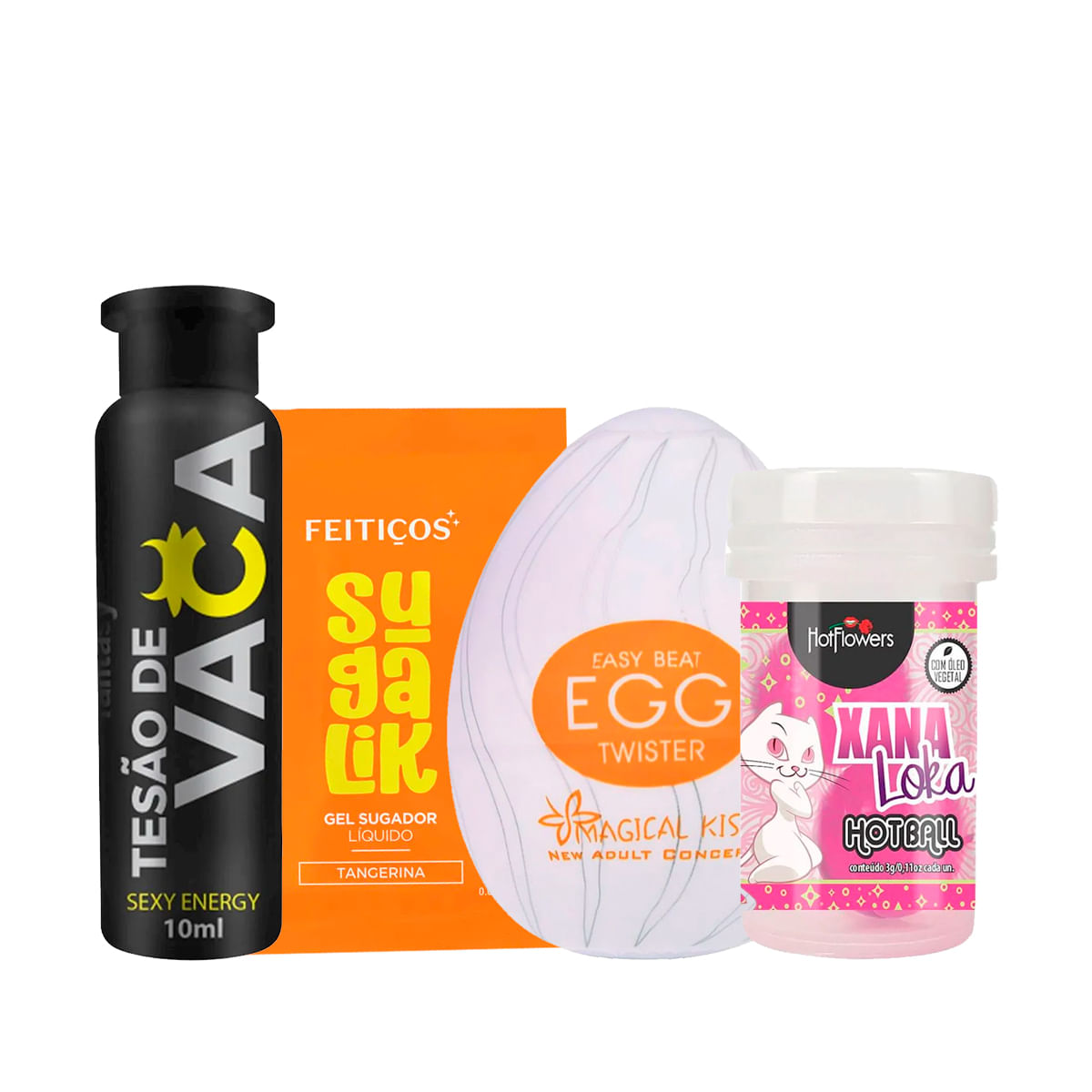 Kit com Hot Ball Xana Loka Sachê Sugalik Tesão de Vaca Afrodisíaco Natural e Masturbador Egg Twister