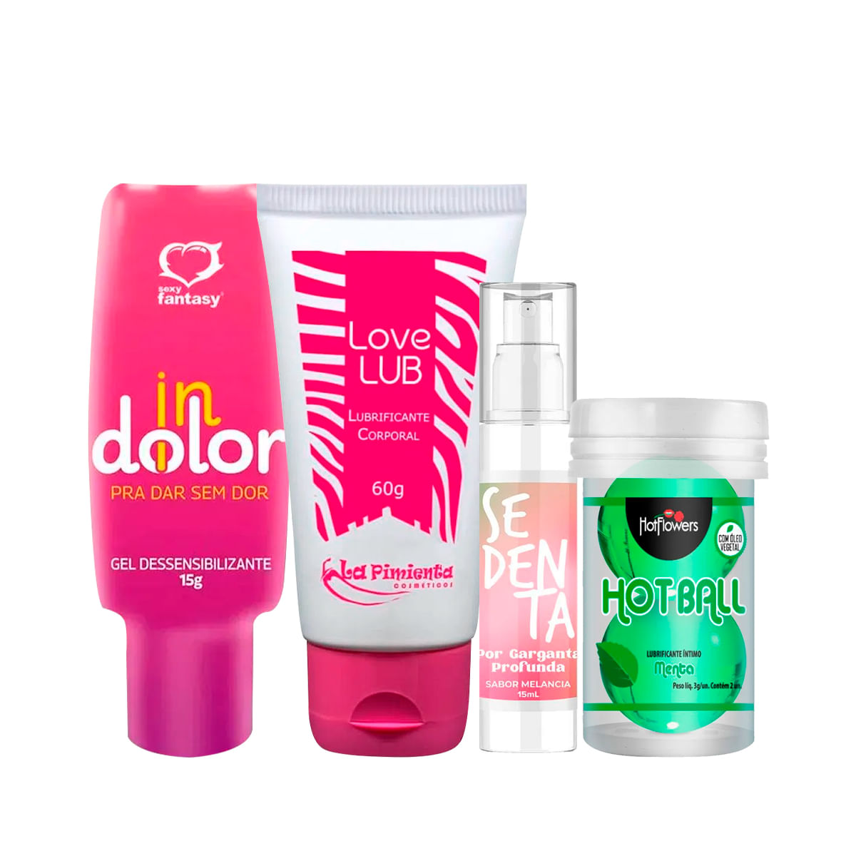 Kit com Dessensibilizante InDolor Sedenta por Garganta Profunda Love Lub e Hot Ball Beija Muito