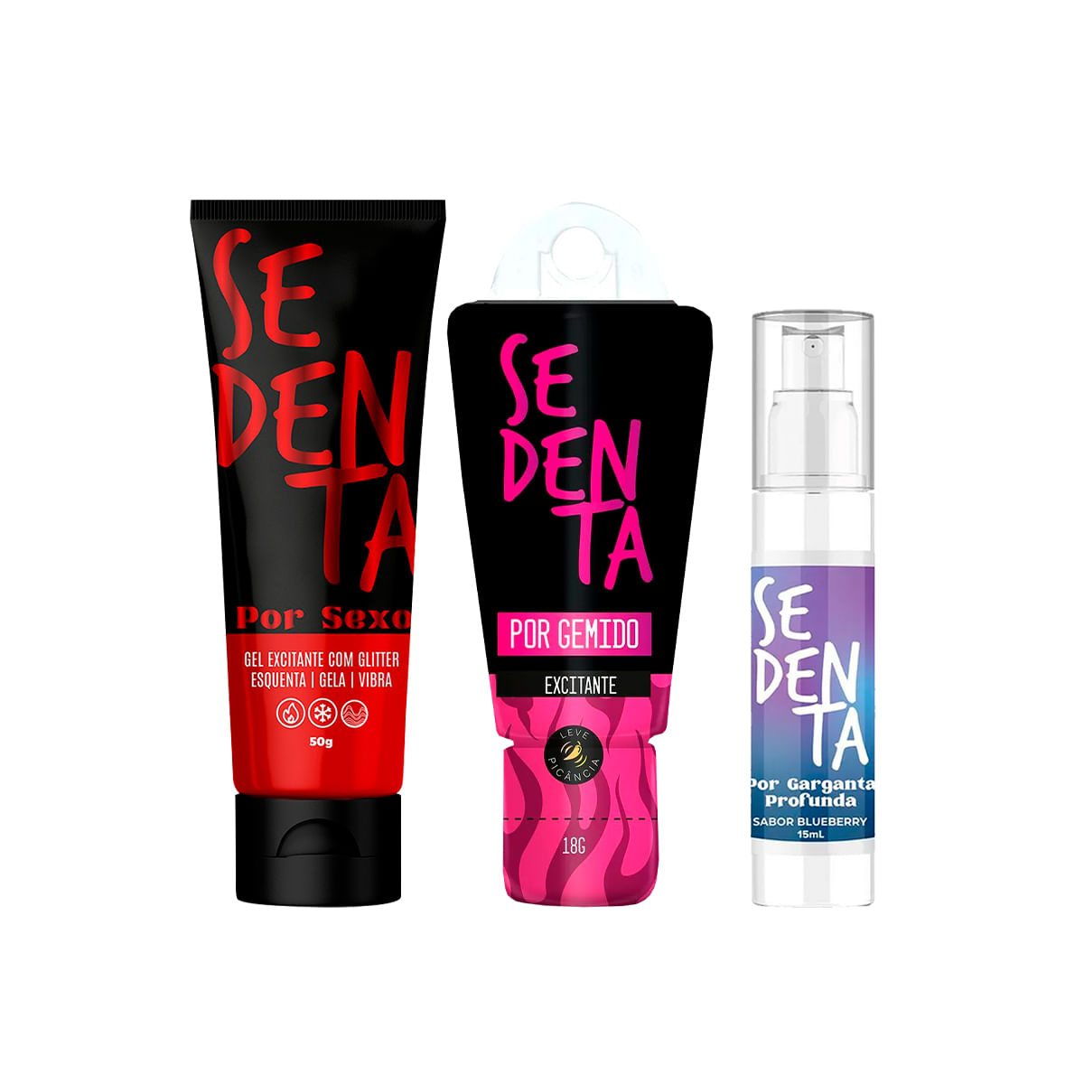 Kit com Sedenta Por Sexo Gel Comestível Sedenta por Garganta Profunda e Sedenta por Gemido Excitante
