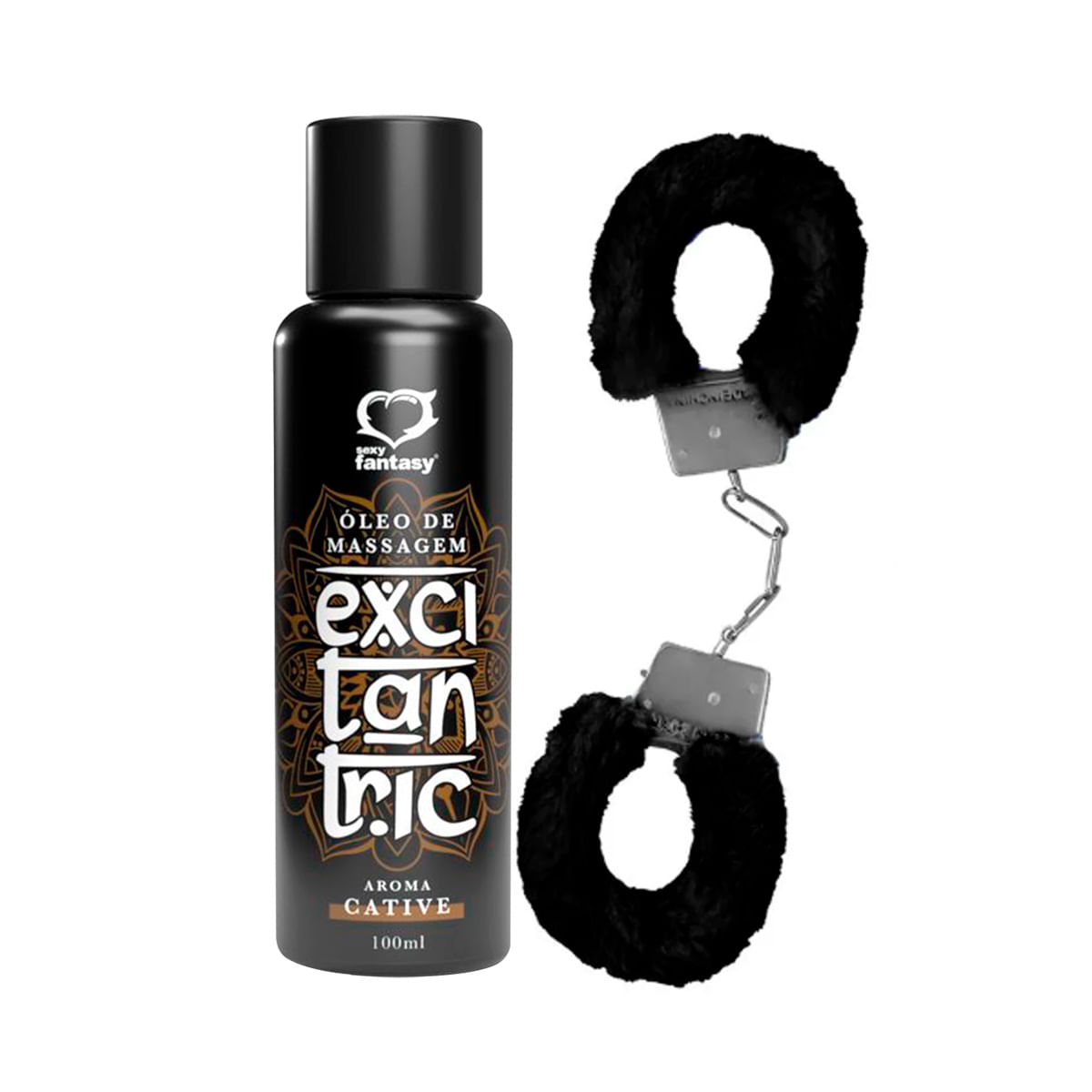 Duplinha com Óleo de Massagem Excitantric Cative e MyCuff Algema de Metal Revestida de Pelúcia