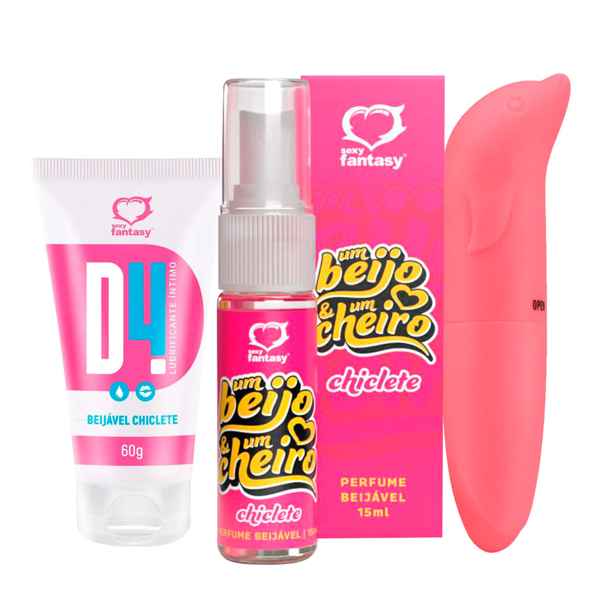 Kit com Perfume Um Beijo e Um Cheiro Chiclete D4 Lubrificante Íntimo Beijável e Vibrador Ponto G