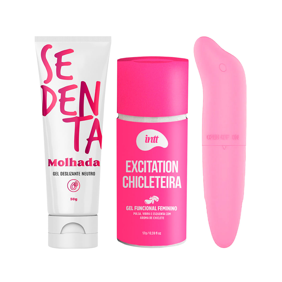 Kit com Sedenta Molhada Gel Excitation Chicleteira Excitante e Mini Vibrador Ponto G Golfinho
