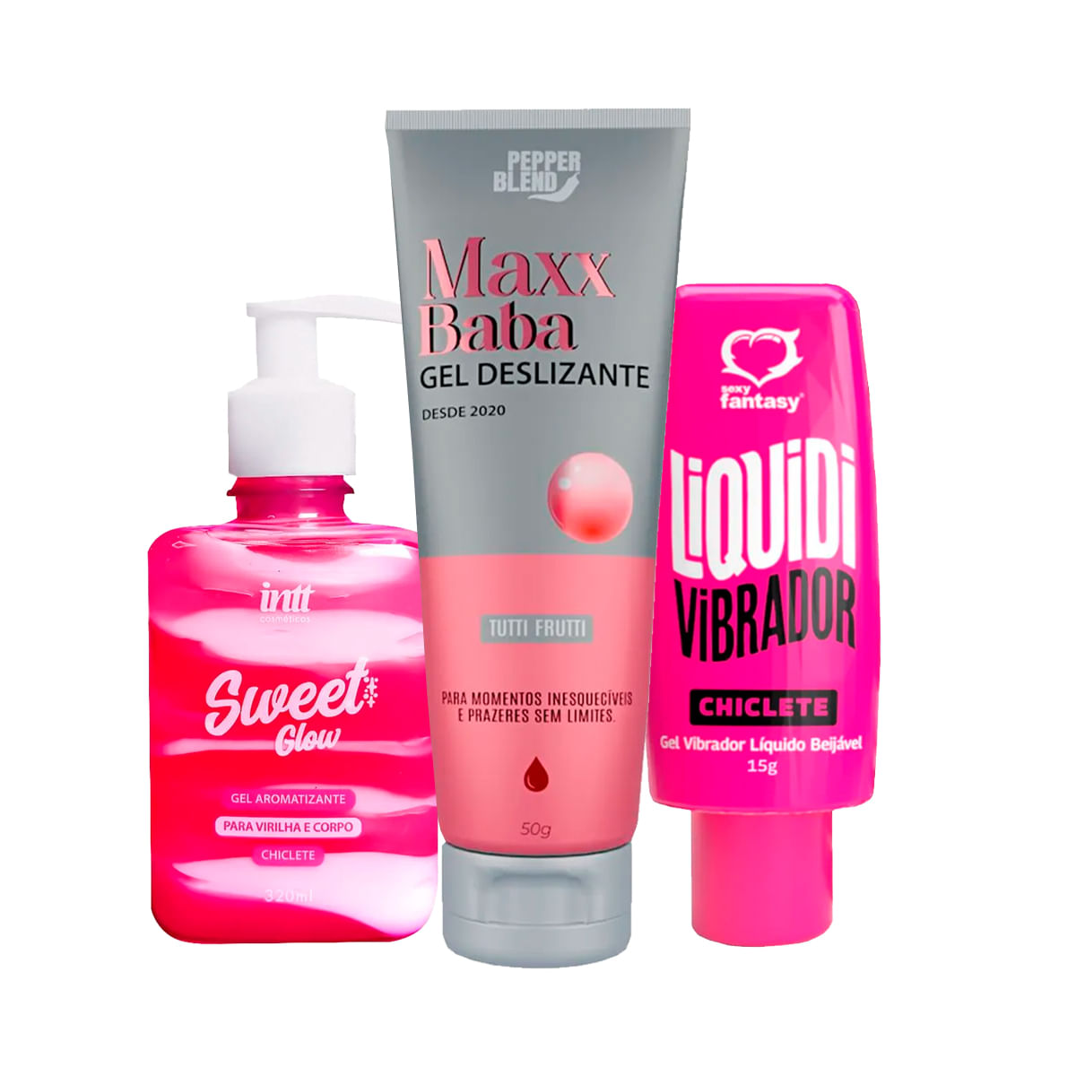 Kit com Sweet Glow Gel Beijável Maxx Baba Lubrificante e Vibrador Líquido Liquidi
