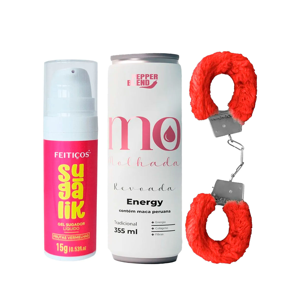 Kit com Sugalik Sugador Líquido MyCuff Algema de Metal Pelúcia e Energético Estimulante Revoada